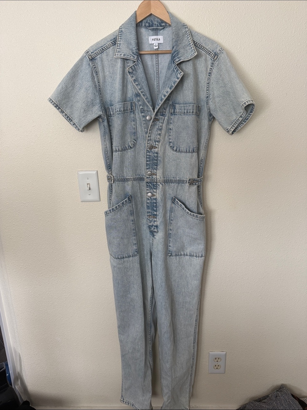 pistola Light Wash Denim Short Sleeve jumpsuit size small